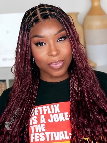 24'' Burgundy Red Boho Medium Knotless Box Braids with Curls Baby Hair Full Hand Tied HD Lace Braided Wig [HE01]