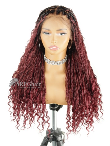 24'' Burgundy Red Boho Medium Knotless Box Braids with Curls Baby Hair Full Hand Tied Lace Braided Wig [HE01]
