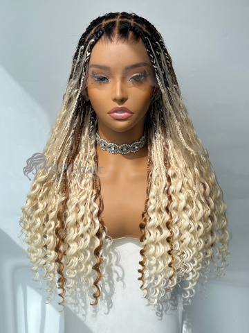 24'' Luxeury 27#613# Knotless Highlight Medium Boho Box Braided Pre Bleached HD Lace Wig Wet & Wavy [HE04]