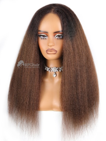 Ombre Brown Kinky Straight All-In-One Half Wig Invisible Hairline Draw-strings Wig [HFW23]