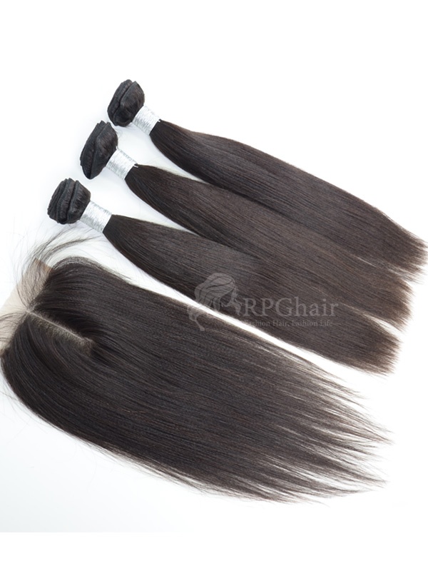 3 Bundles Yaki Indian Virgin Hair Weaves with A Lace Closure