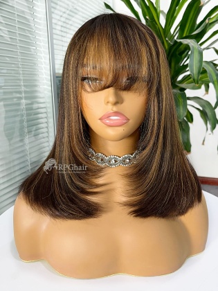 Brown Glonde Highlights Yaki BOB With Bangs Wear & Go 2X6/5x5 Glueless HD Lace Wig [HCW28]