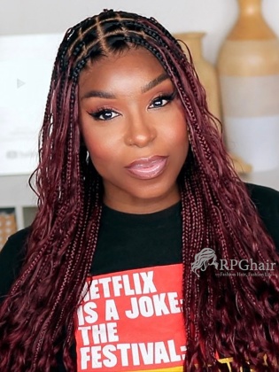 24'' Burgundy Red Boho Medium Knotless Box Braids with Curls Baby Hair Full Hand Tied HD Lace Braided Wig [HE01]