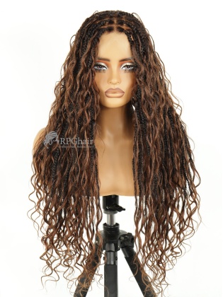 26'' Boho Box Braided With Brown Loose Boho Curls Knotless Full HD Lace Wig With Invisible Drawstring [HE06]