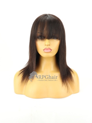 Yaki Straight with Bangs Indian Remy Hair Lace Front Wig[CSL02S]