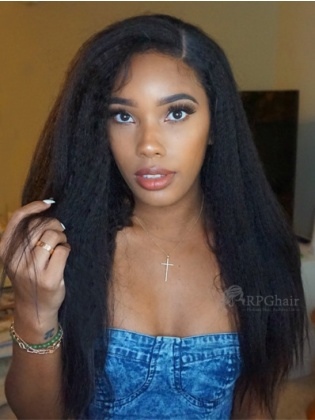12” Kinky Straight Indian Remy Hair Machine Weft Made Lace Wig[RFS05]