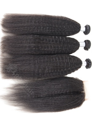 3 Bundles Kinky Straight Indian Virgin Hair Weaves with A Lace Closure