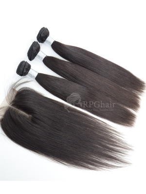 3 Bundles Indian Virgin Yaki Hair Weaves with A Lace Closure