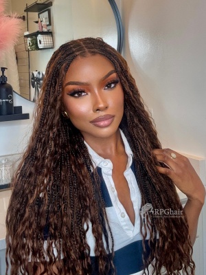 26'' Boho Box Braided With Brown Loose Boho Curls Knotless Full HD Lace Wig With Invisible Drawstring [HE06]