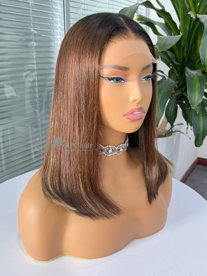 Brown Highlights Silky Straight BOB With Bangs Wear & Go 2X6/5x5 Glueless HD Lace Wig [HCW27]-3