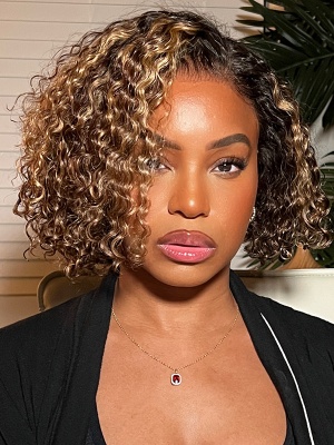 Invisible HD Lace & Clean Hairline Blonde Highlights Curly BOB Lace Front Wigs [BOB47]