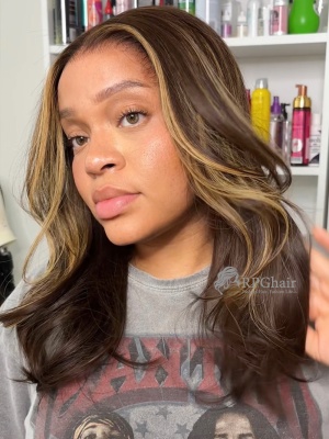 Honey Brown Blonde Highlights Silky Straight Invisi-Strap Snug Fit Glueless 360 HD Lace Wig [ISW08]
