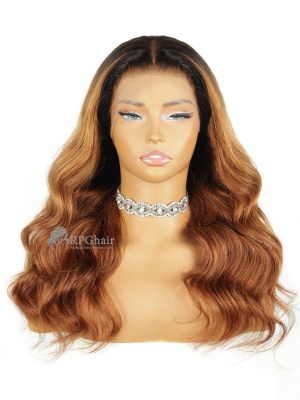 Salon-Free Black Ombre Brown Highlight Body Wave Invisi-Strap Snug Fit Glueless 360 HD Lace Wig [ISW16]