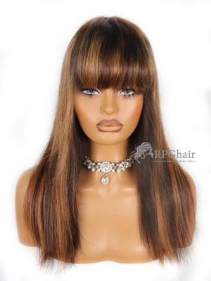 Light Brown Highlight Silky Straight With Bangs 16in & 180% Density Glueless 5x5 HD Lace Wig [CSL299]