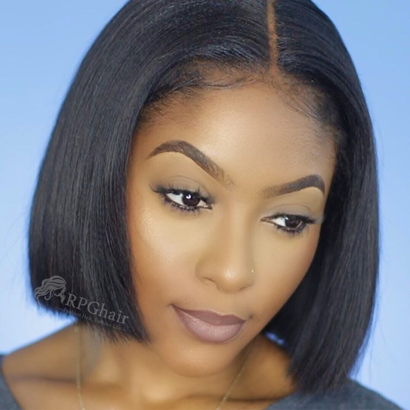 150 Density Yaki Bob Hairstyle Indian Remy Hair Glueless Lace Front Wigs